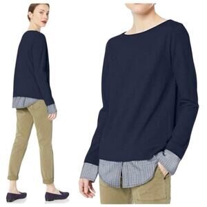 NWT J Crew Mercantile Womens Gingham Faux Layered Boatneck Top Navy Blue Size XS